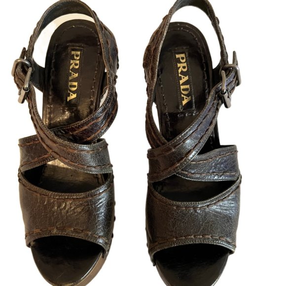 Prada distressed leather, wood platform/heel shoes Size 5 - Picture 5 of 10